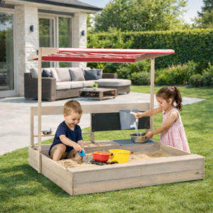 3-in-1 Montessori Mud Kitchen, Sandpit & Water Play Station with Adjustable Canopy