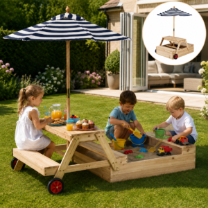 2-in-1 Wooden Children’s Sandpit & Activity Picnic Table with Sun Umbrella