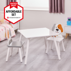 Children’s Wooden Activity Table & 2 Chairs Set – White Cat & Dog Design