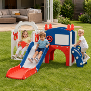 11-in-1 Elk Toddler Slide & Climbing Frame with Basketball Hoop – Blue & Red